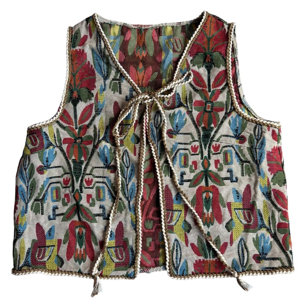 Vintage Tapestry Boho Tie Front Vest Women's Medium M Floral Woven - Picture 2 of 7